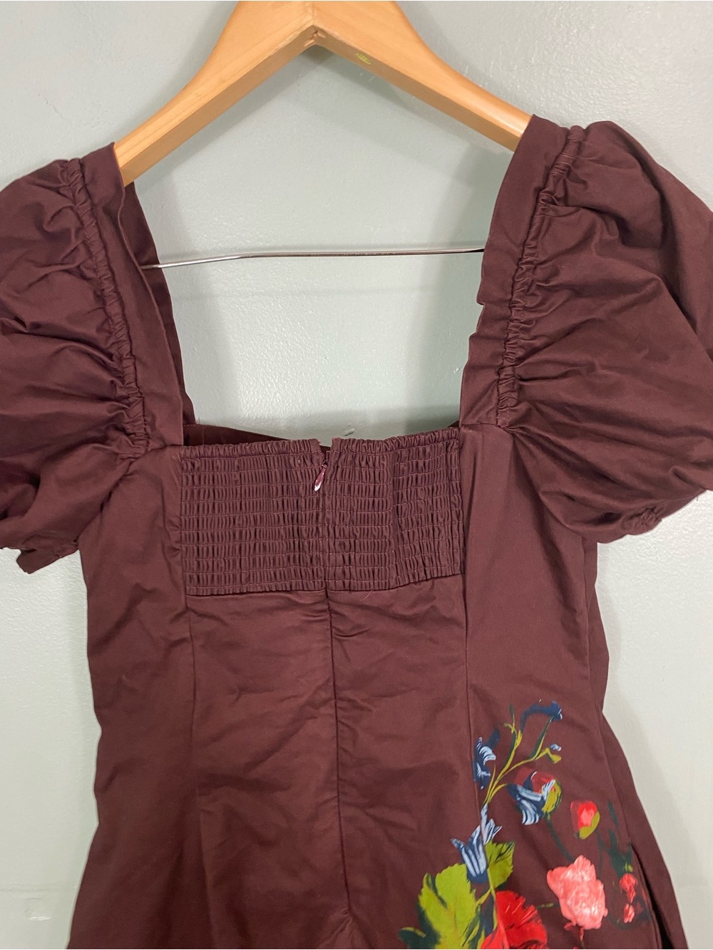 Anthropologie Maeve Puff Sleeve Square Neck Floral Mini Dress Floral Maroon Sz S - Picture 9 of 11